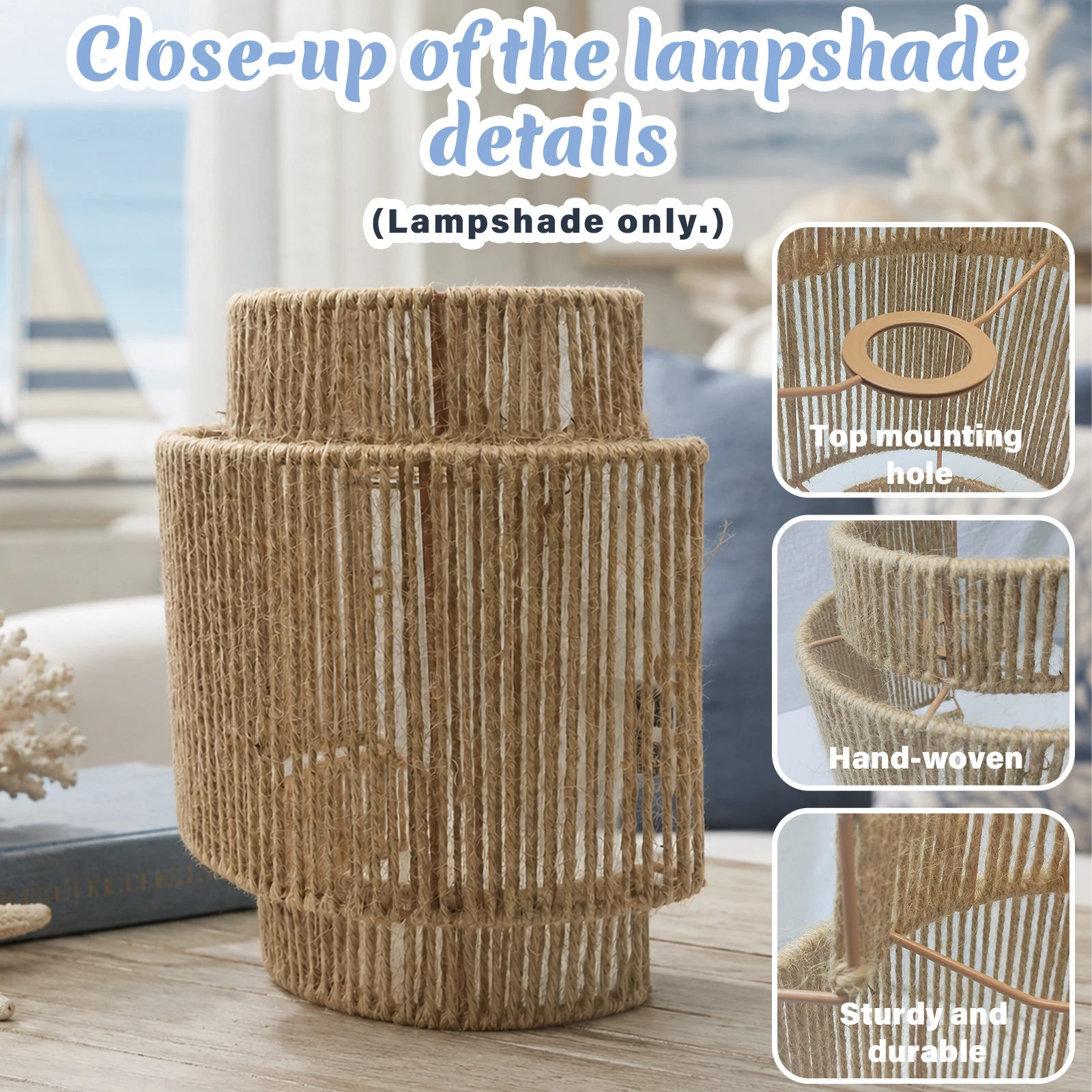 Boho 3‑Tier Cylindrical Jute Wall Sconce Shade, Handwoven Open‑Weave Replacement Lampshade for Coastal Farmhouse Decor