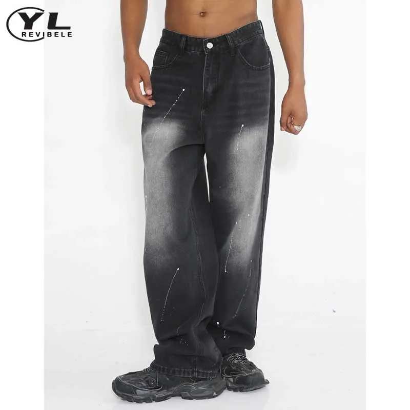 Black Splash-ink Baggy Jeans Men Wash Gradient Straight Denim Pants Korea Hip Hop Spring Autumn Casual Wide Leg Jean Trousers