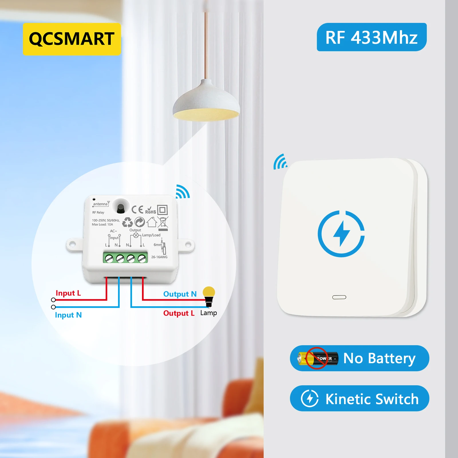 QCSMART RF433Mhz 10A Wireless Swith Relay Module with Self-powered Kinetic Switch Waterproof No Wiring Needed No Battery