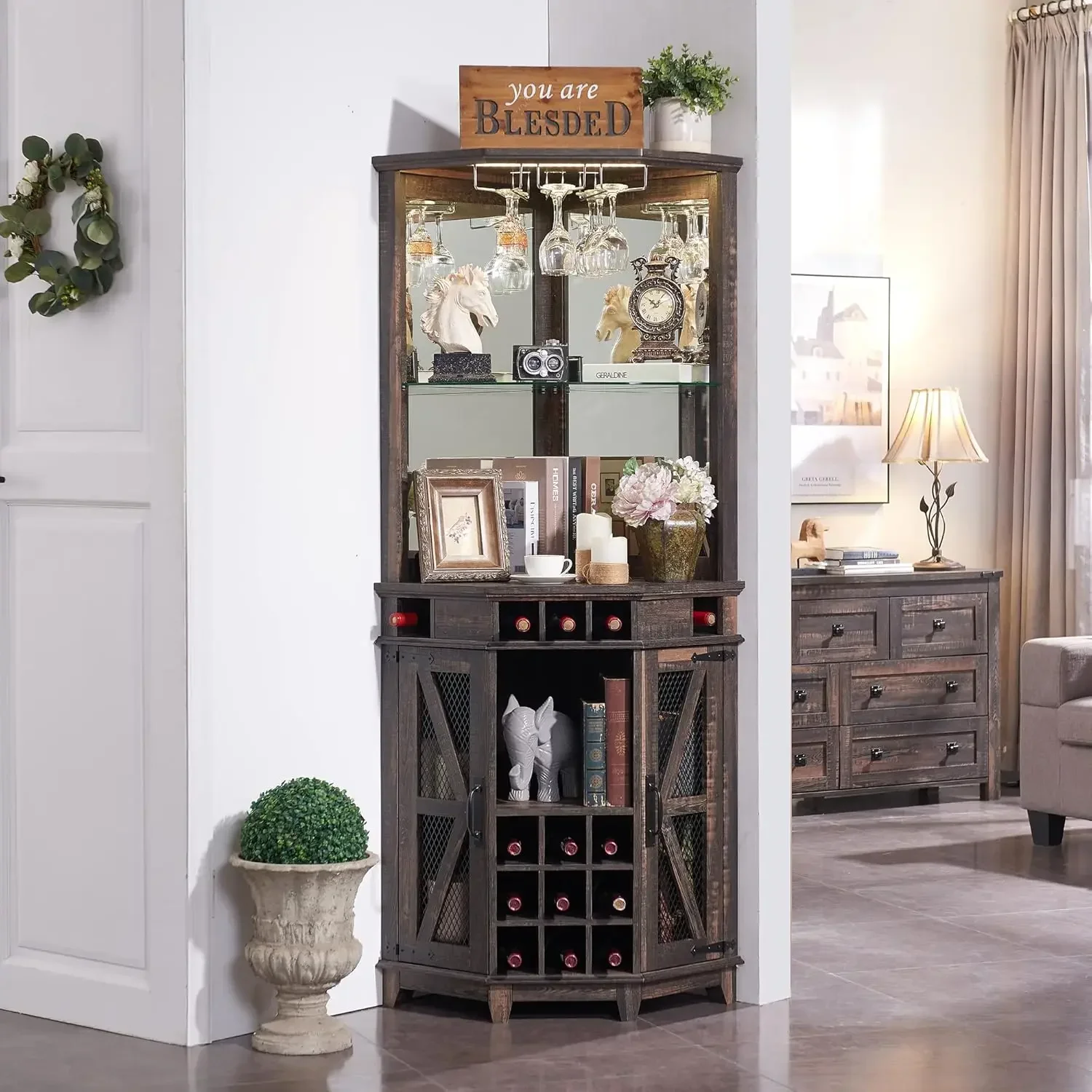 Corner Bar, 72" Tall Farmhouse Wine Bar Cabinet w/Barn Door & Adjustable Shelf, Home w/LED Light & Glass Rack, Dark Rustic Oak