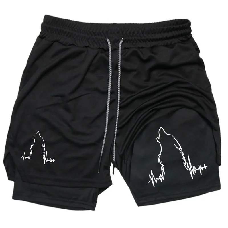 

Мужские шорты для бега 2-в-1 с принтом «Волчий рёв», компрессионные шорты для тренировок в зале с карманом для телефона и петлей для полотенца, летние спортивные шорты