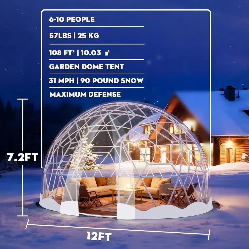 12.5T Geodesic Garden Dome Tent with Clear PVC Cover and 2x10M Light Strings for Outdoor, Patio, Party (White)