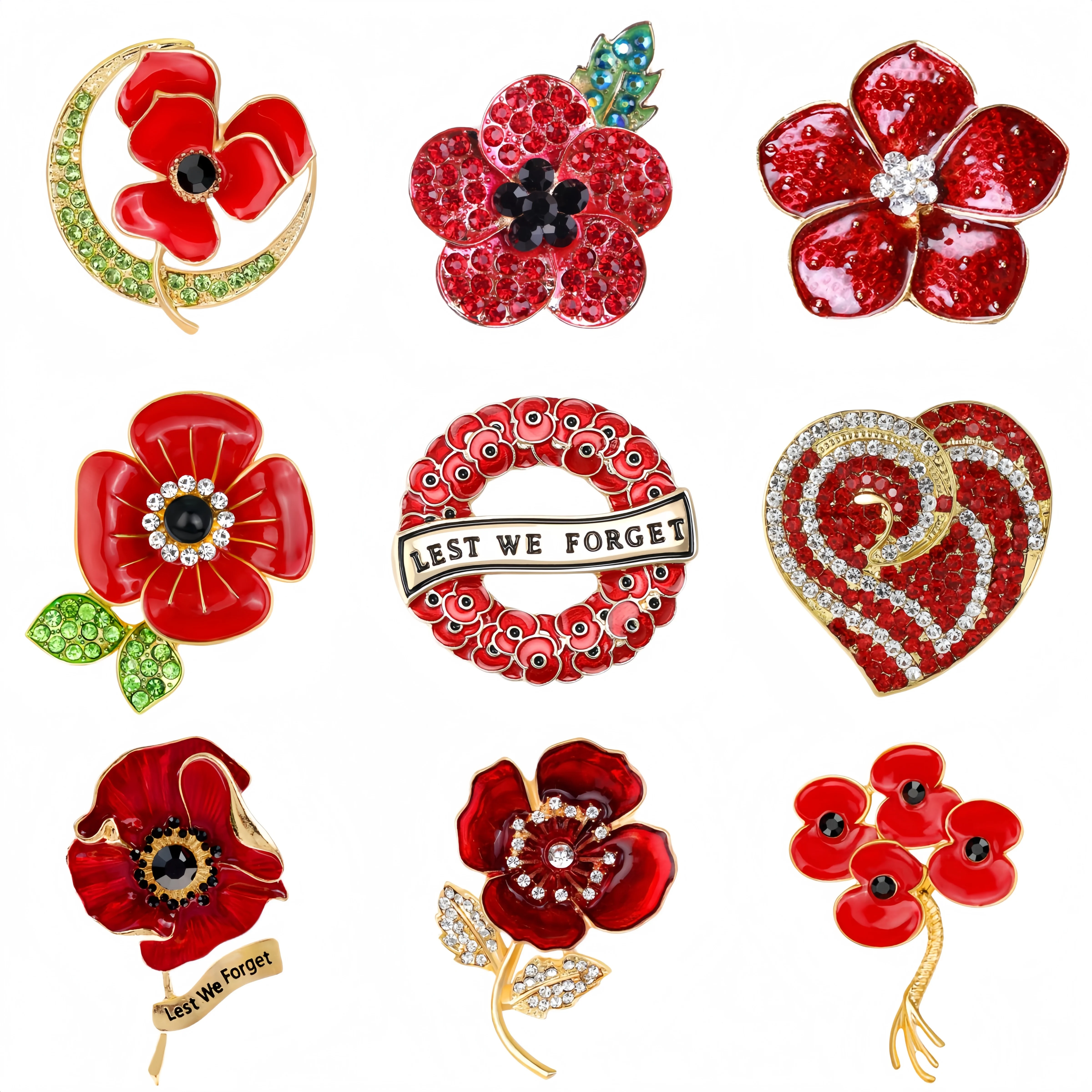Essh&Pule Remembrance Poppy Brooch Rhinestone Enamel Lest We Forget Lapel Pin Women Memorial Suit Coat Commemorative Jewelry