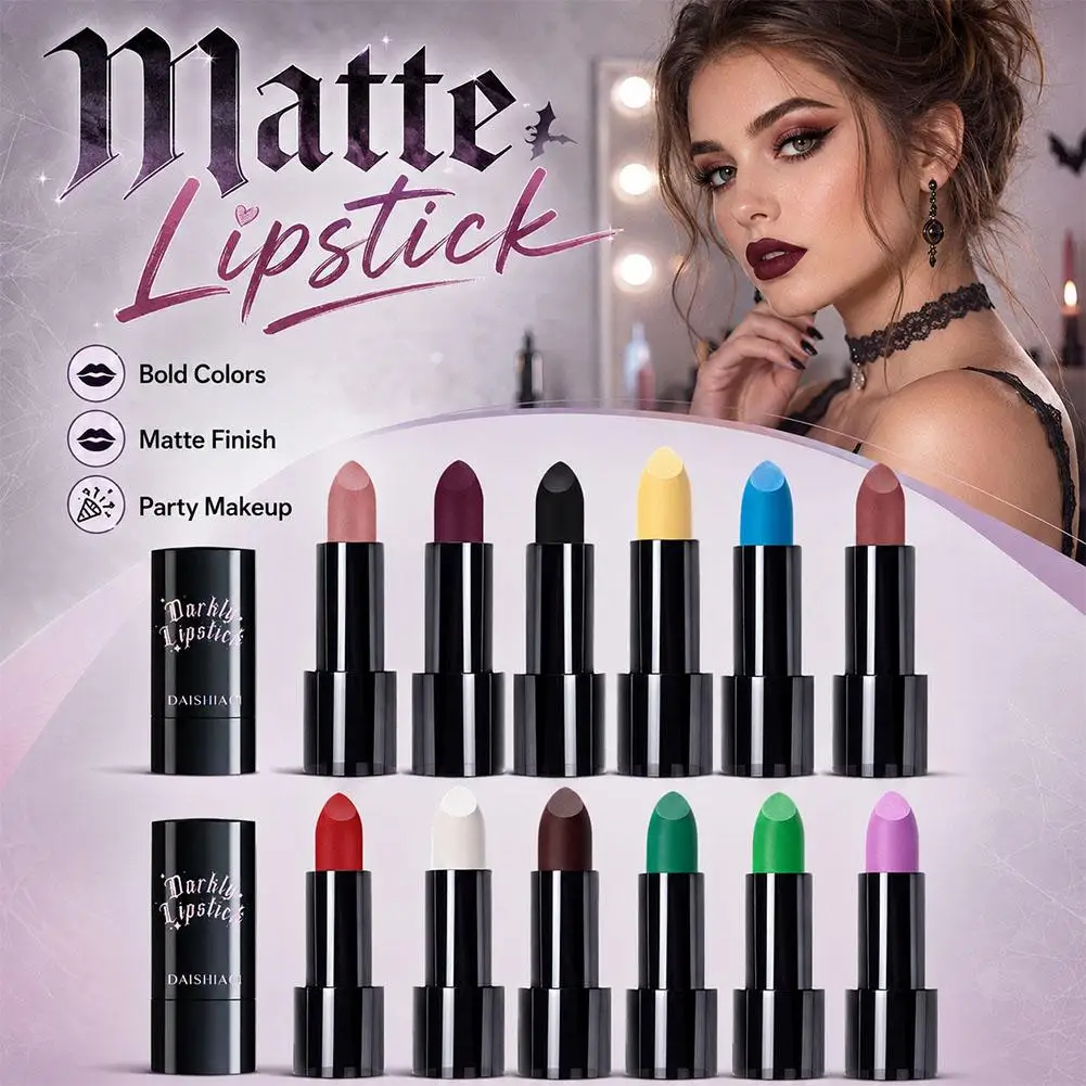 Halloween Dark Night Lipstick Waterproof and Long-lasting Black Dark Purple Matte Lipstick Makeup Lip Cosmetics 12 Colors Matte