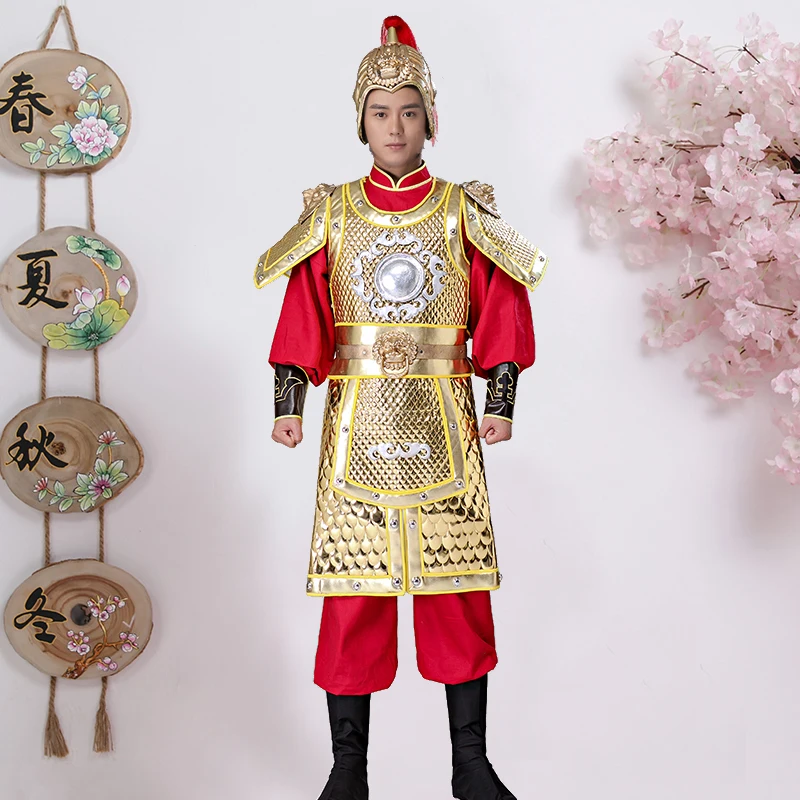 Han Tang Song Ming Dynasty Men Military Armour Ancient China Generals Costume Performance Outfit Black Red Golden Armor + Cloak