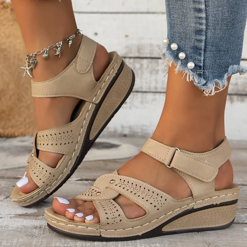 

2025 New style fashionable and versatile wedge heel sandals for women, large-sized Velcro solid color open-toe sandals