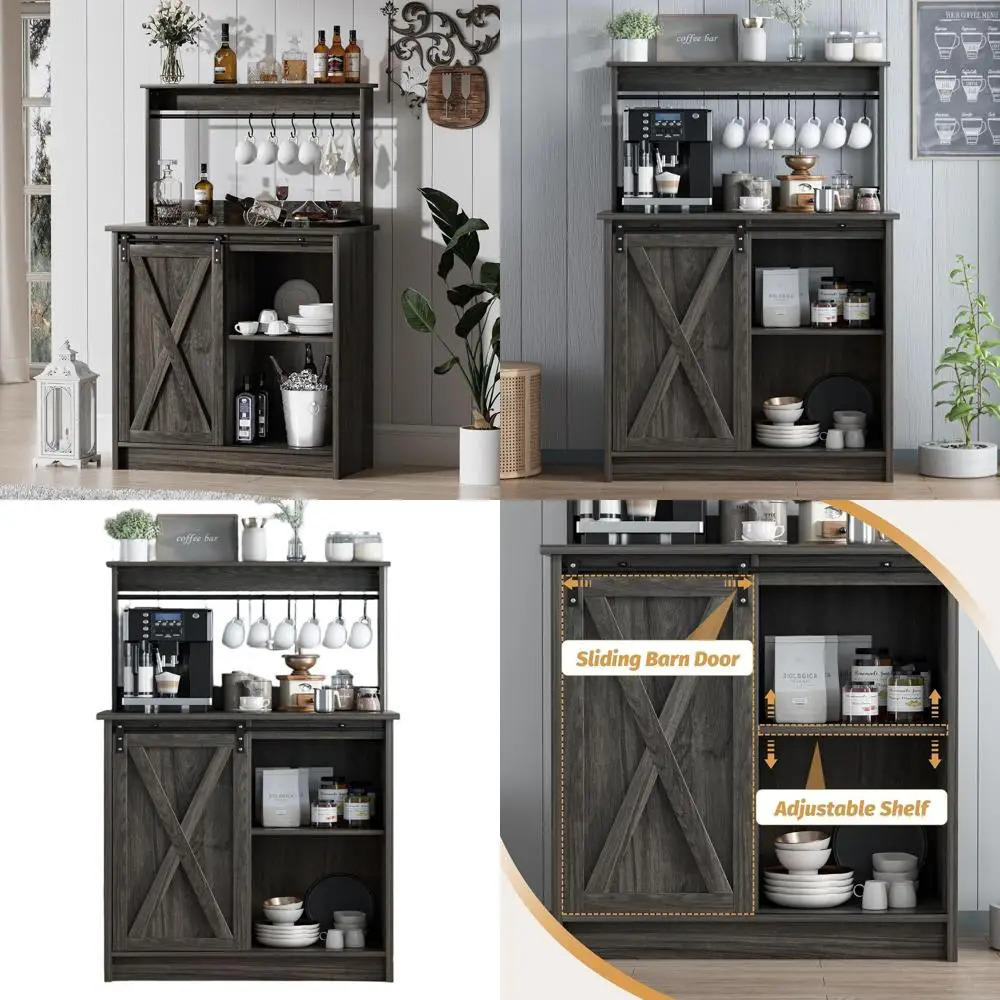 

31 Sliding Barn Door Buffet Cabinet, Storage Bar Cabinet with Hooks, Adjustable Shelf Coffee Bar Table, Grey for Living/Dining R