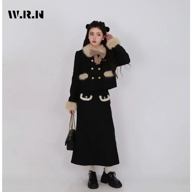 

2023 Winter Elegant Sweet Style 2 Piece Set Women Long Sleeve Bow Short Coat + A-line Skirt Vintage Two Piece Skirt Set Outfits