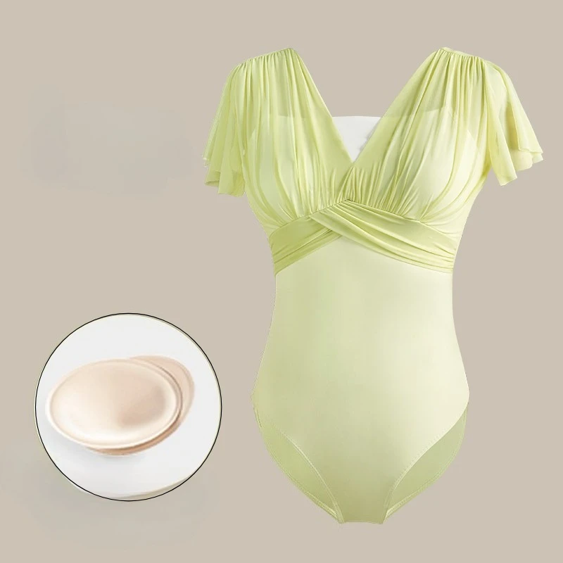 

THEEPER Women Ballet Leotards Dance Leotard Nylon Spliced Short Sleeve Pleats Bodysuit Adult Fake Two Piece Gymnastics Leotards