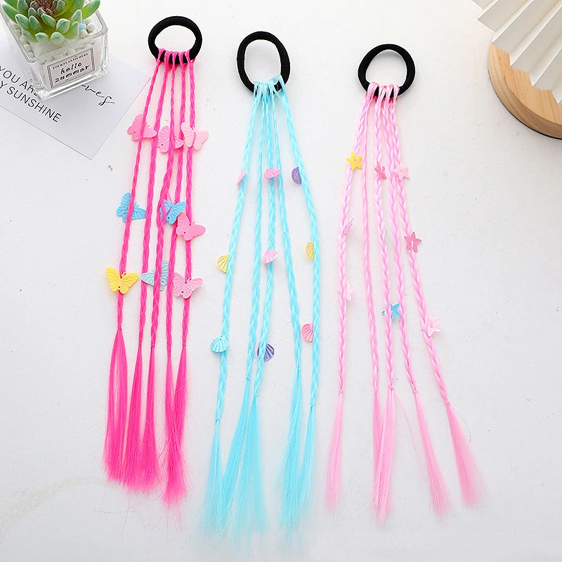 

Синтетические разноцветные косы для девочек, наращивание волос с резинками, радужные плетеные шиньоны, аксессуары для волос с хвостиком для женщин