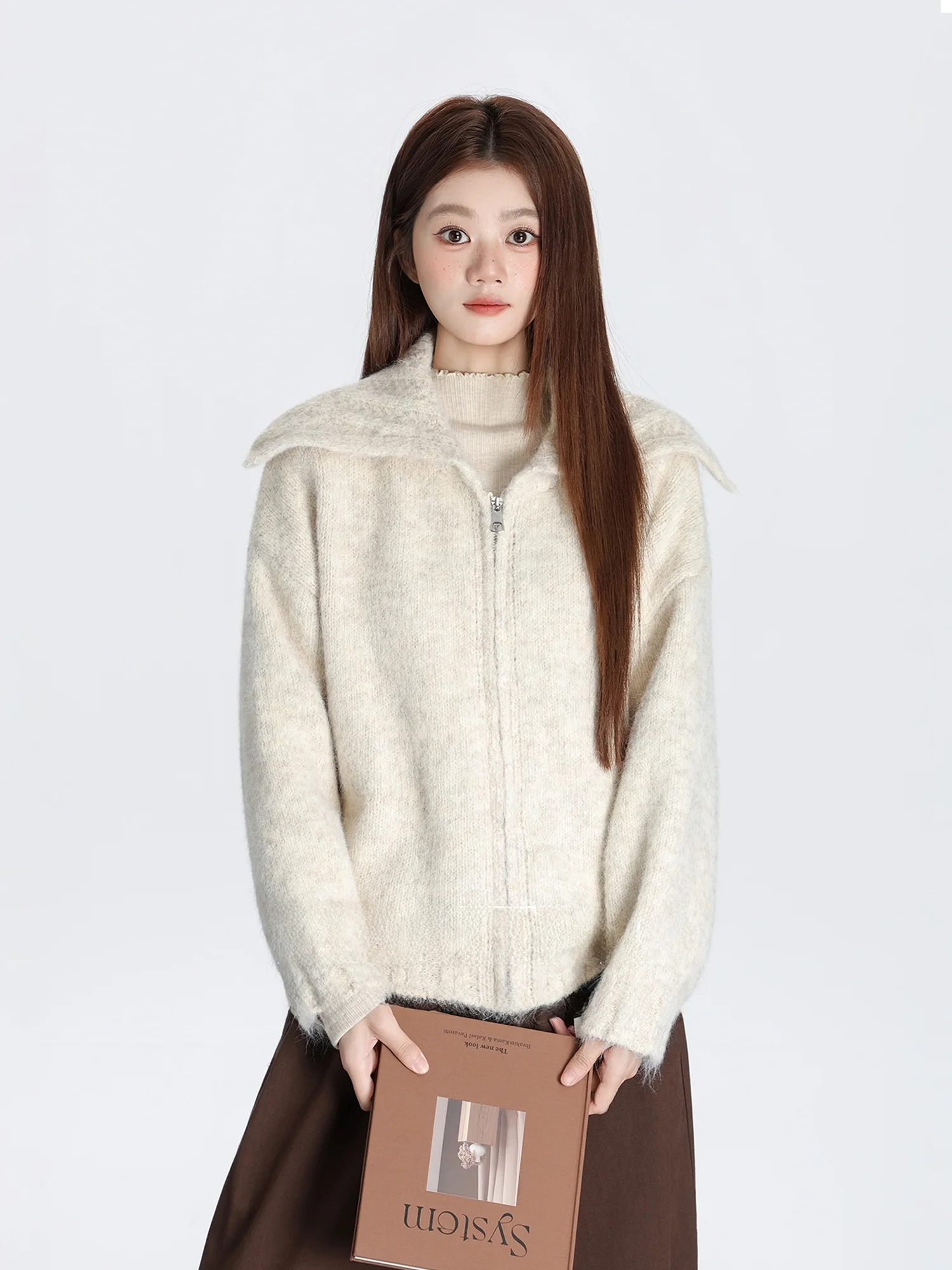 

Simple Color Zipper Knitted Sweater Jaet Women's Loose Fit Cardigan Top Spring 2026 Casual Sle Long Sve