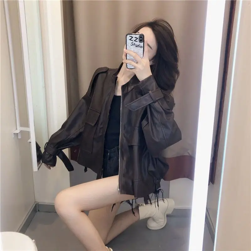 Casual Biker Leather Jacket Women's 2025 Spring New Korean Version Personality Retro Slimming Short Top Motorcycle Leather Ja...