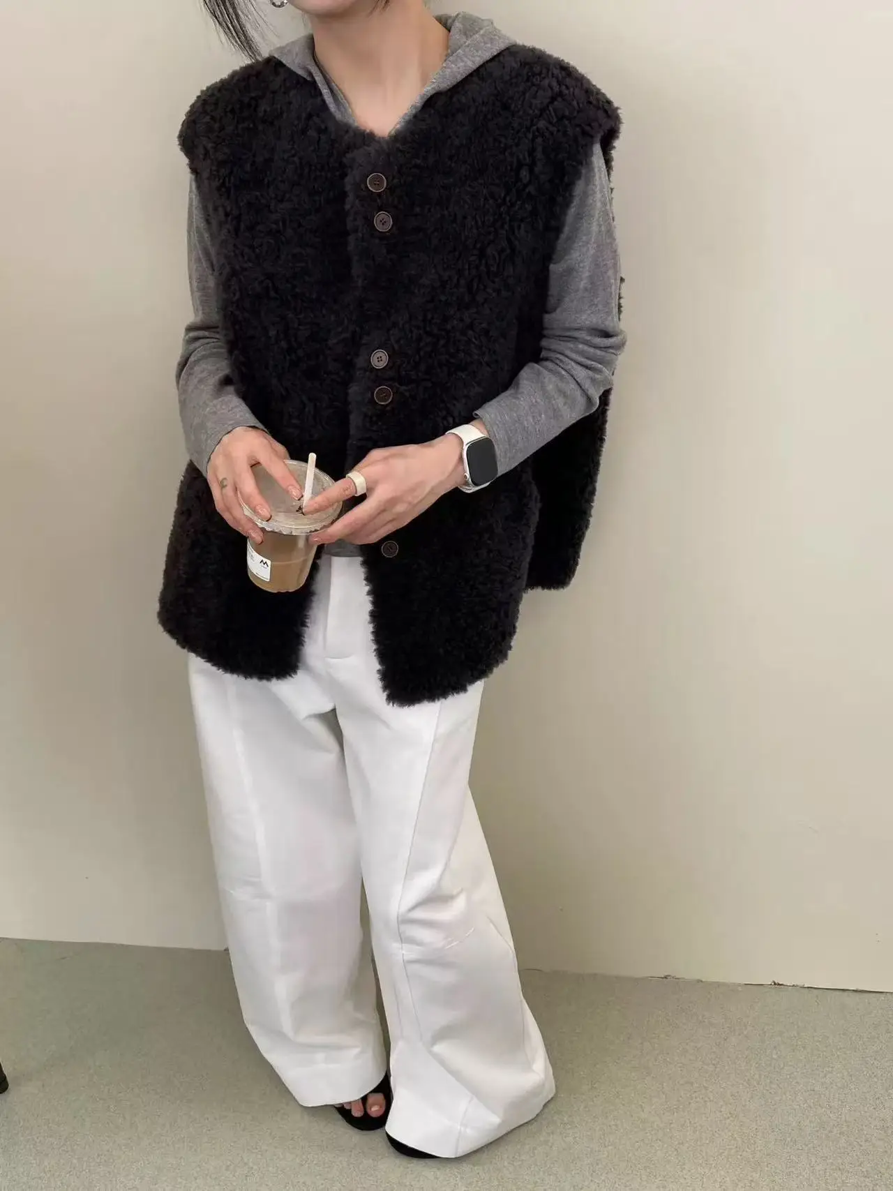 

Lamb Fur Inteated Vest Women's Winter Warm Six Button Particle Fce Wool round Ne Svel Vest Jaet Casual Sle