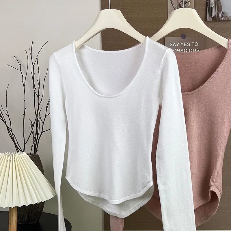 Women's Sweater 2024 New U-Neck Long Sleeve Curve Bottom Bottoming Shirt Slimming Fit Inner T-Shirt Spic Girls Tops