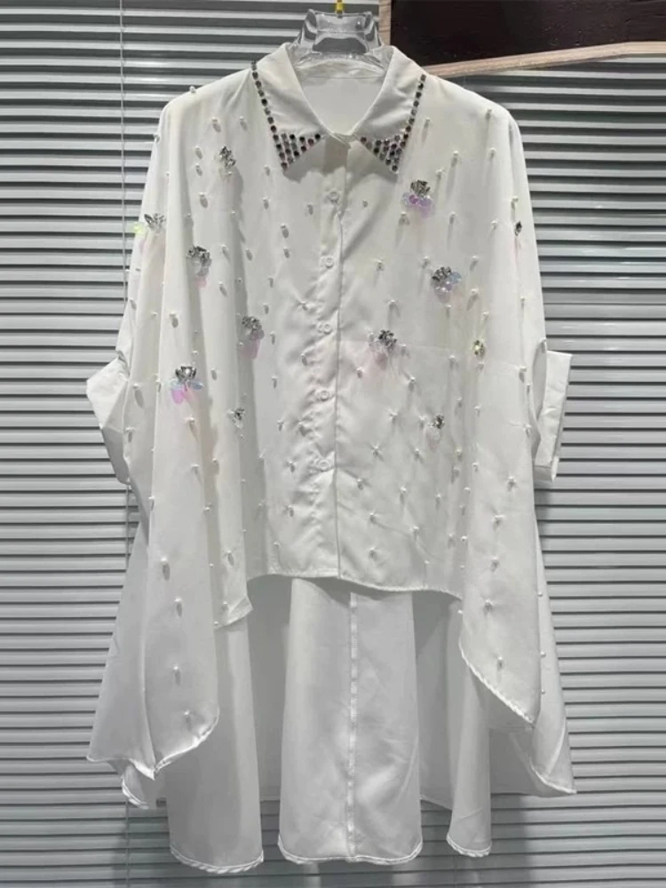 

Роскошная женская блузка с высокой талией, украшенная стразами и пайетками, белая, весна 2025, новая коллекция, универсальный топ