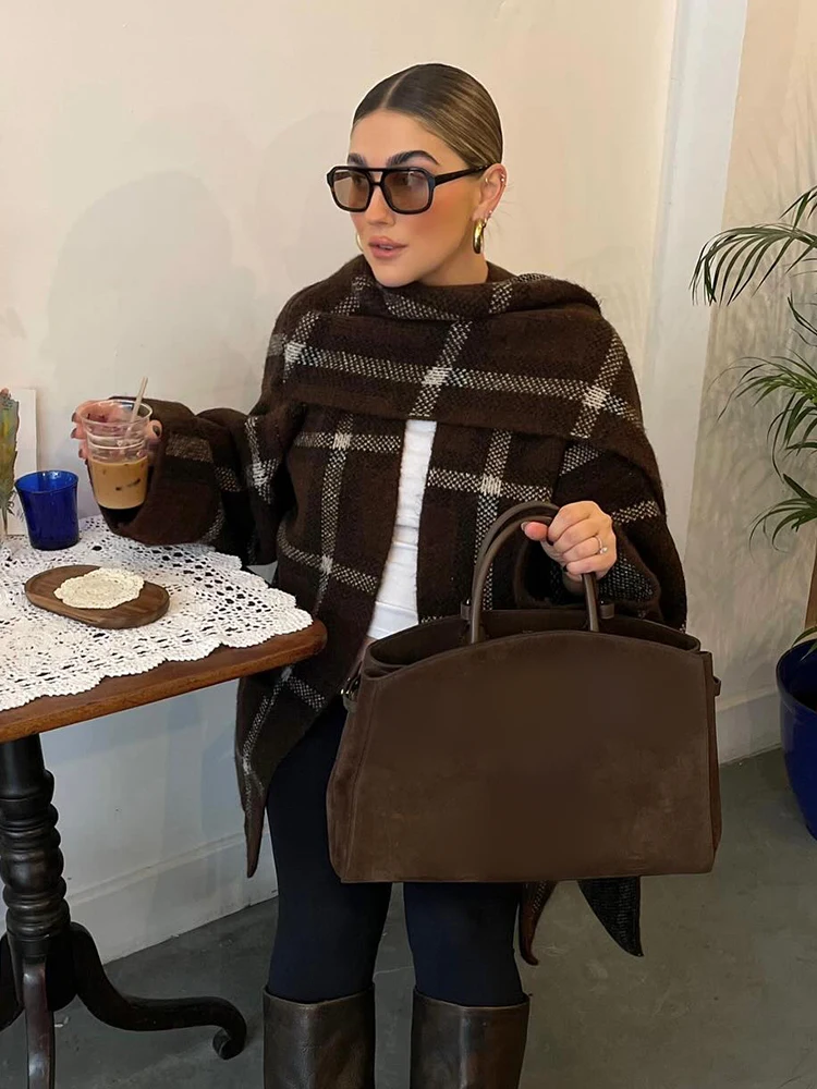 HH 가을 여성 캐주얼 루즈 숏 가디건 우아한 체크무늬 스카프 칼라 포켓 장식 긴 소매 니트 스트리트 코트
