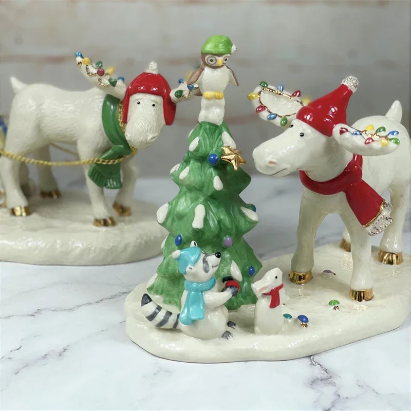 Figurinha de Árvore de Natal e Rena Pintada à Mão em Cerâmica Lenox, Decorações de Natal, Ornamentos para Sala de Estar, Presentes