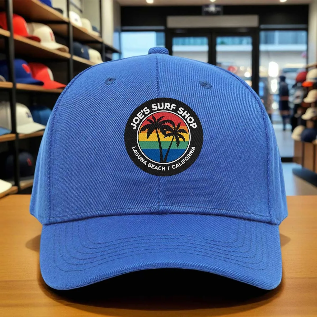 Joe's Surf Shop Laguna Beach California Vintage Retro Logo Cap - Adjustable Flat Brim Baseball Hat with Palm Tree & Striped Circ