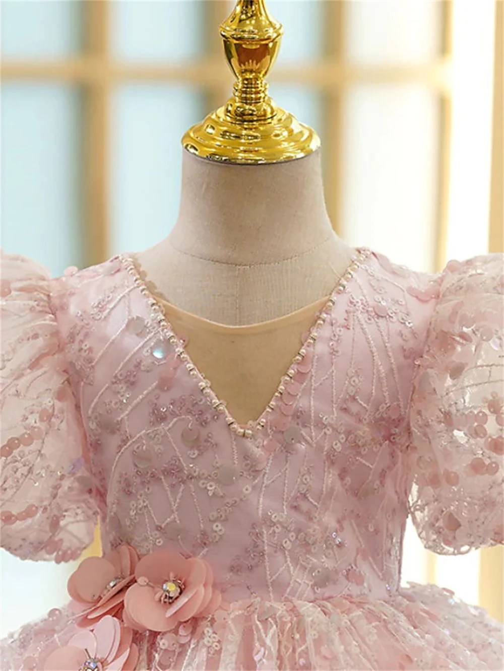 Vestidos florales de lentejuelas para niñas pequeñas, ropa de actuación rosa brillante, Manga corta asimétrica, Princesa, ajuste dulce, 3-10 años