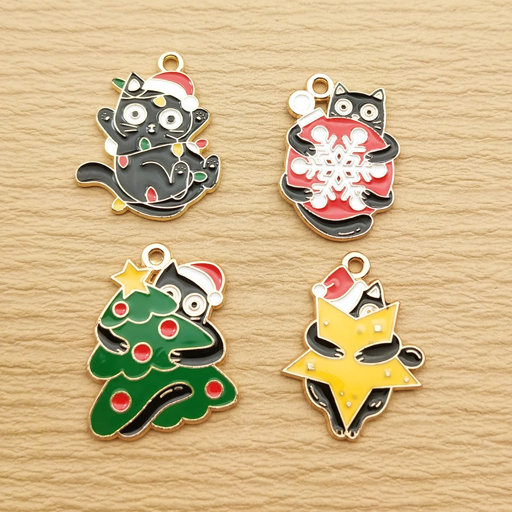 10pcs Cat Christmas Charm for Jewelry Making Enamel Necklace Bracelet Pendant Diy Accessories Making Alloy Metal Gold Plated