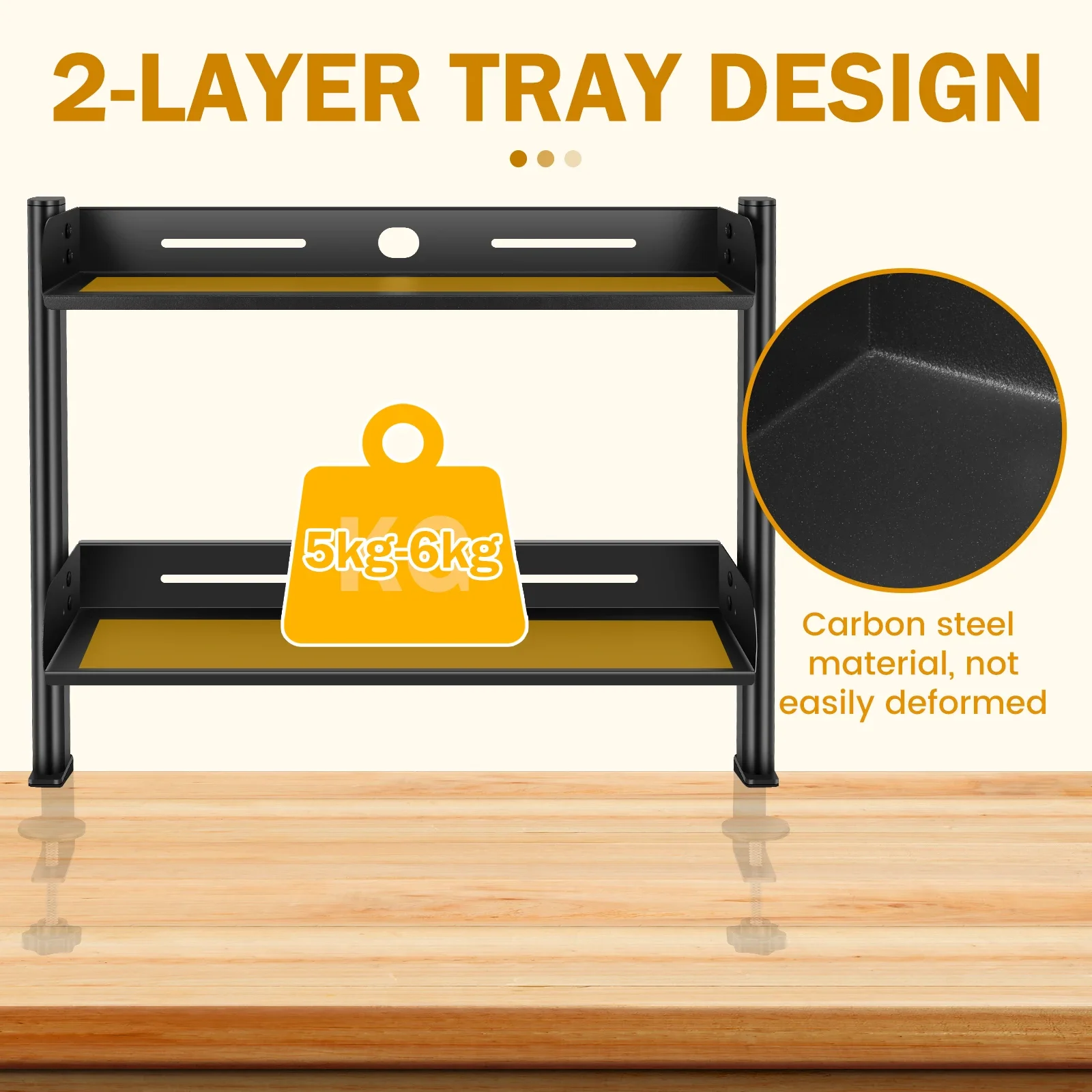 2 Tiers Clamp-on Desk Shelf No Drill Desk Organizer Rack Space Saving Adjustable Metal Computer Desktop Clamp High Load-Bearing