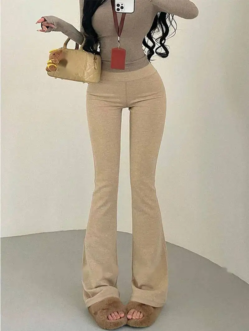High Waist Double Sided Velvet Micro Casual Pants Floor Pants Slim Fashion Women FLARE PANTS 2025 New Korean Women Pants U7KY