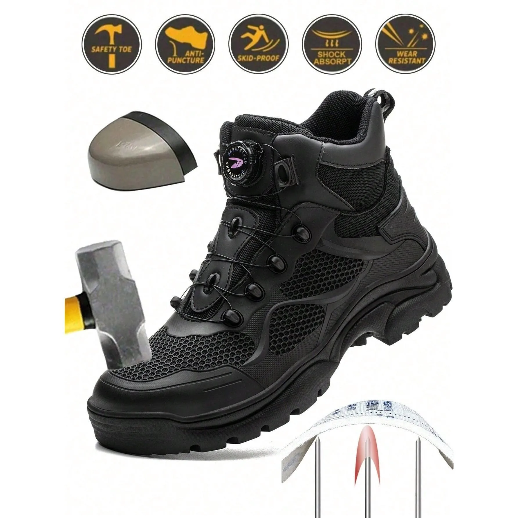 Works Men's Work Safety Shoes High Top Lace-up Safety Boots, Steel Toe
