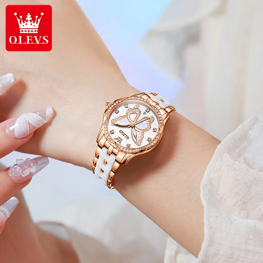 OLEVS Luxury Brand Women\'s Watches Butterfly Dial Original Quartz Watch for Girl Waterproof Luminous Date Bracelet Gift Box 2024