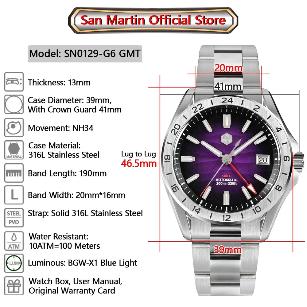 San Martin Original 39mm Purple Desert Texture Dial Luxury Men Dress Watch NH34 GMT Automatic Mechanical Waterproof 100m Luminou