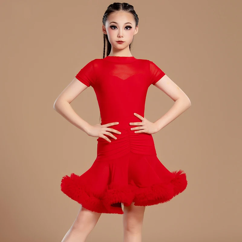 

Красное платье для латинских танцев с короткими рукавами для девочек, детский костюм для соревнований по самбе и латинским танцам, одежда для национальных стандартных танцев SL12708