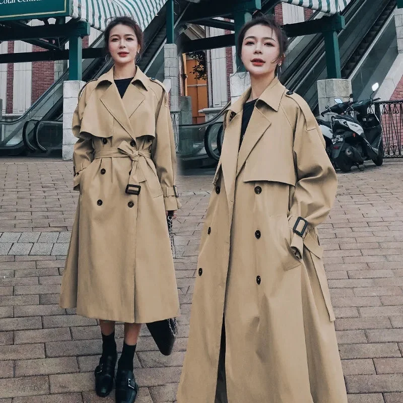 2025 Women British Style Windbreaker Streetwear Double Breasted Trench Coats Elegant Autumn Khaki Black Jackets