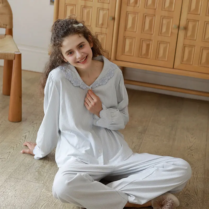 100% Cotton Brushed Collar Rose Embroidered Lace Loungewear Set Elegant Artistic Blue Striped Print Long Sleeved Pajama Set