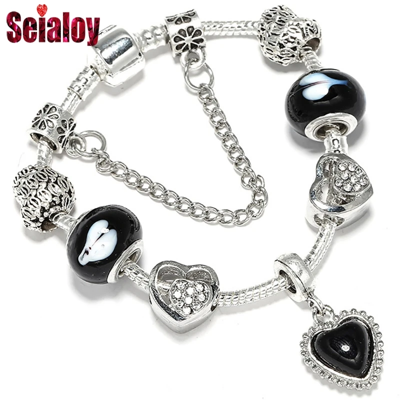 Seialoy Cute Panda Charm Bracelet For Women Plated Black White Murano Glass Beads Silver Color Brand Bracelet Girls Jewelry Gift