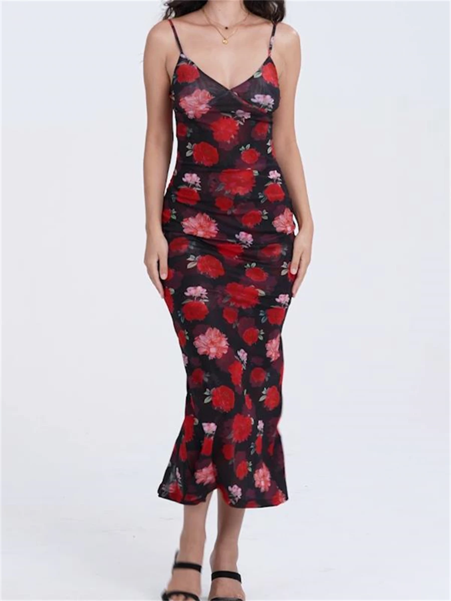 فستان نسائي طويل بطبعة زهور عتيقة ، حزام سباغيتي ، ملاصق للجسم ، بلا أكمام ، رقبة حرف V ، عاري الظهر ، ملفوف ، حفلة مسائية