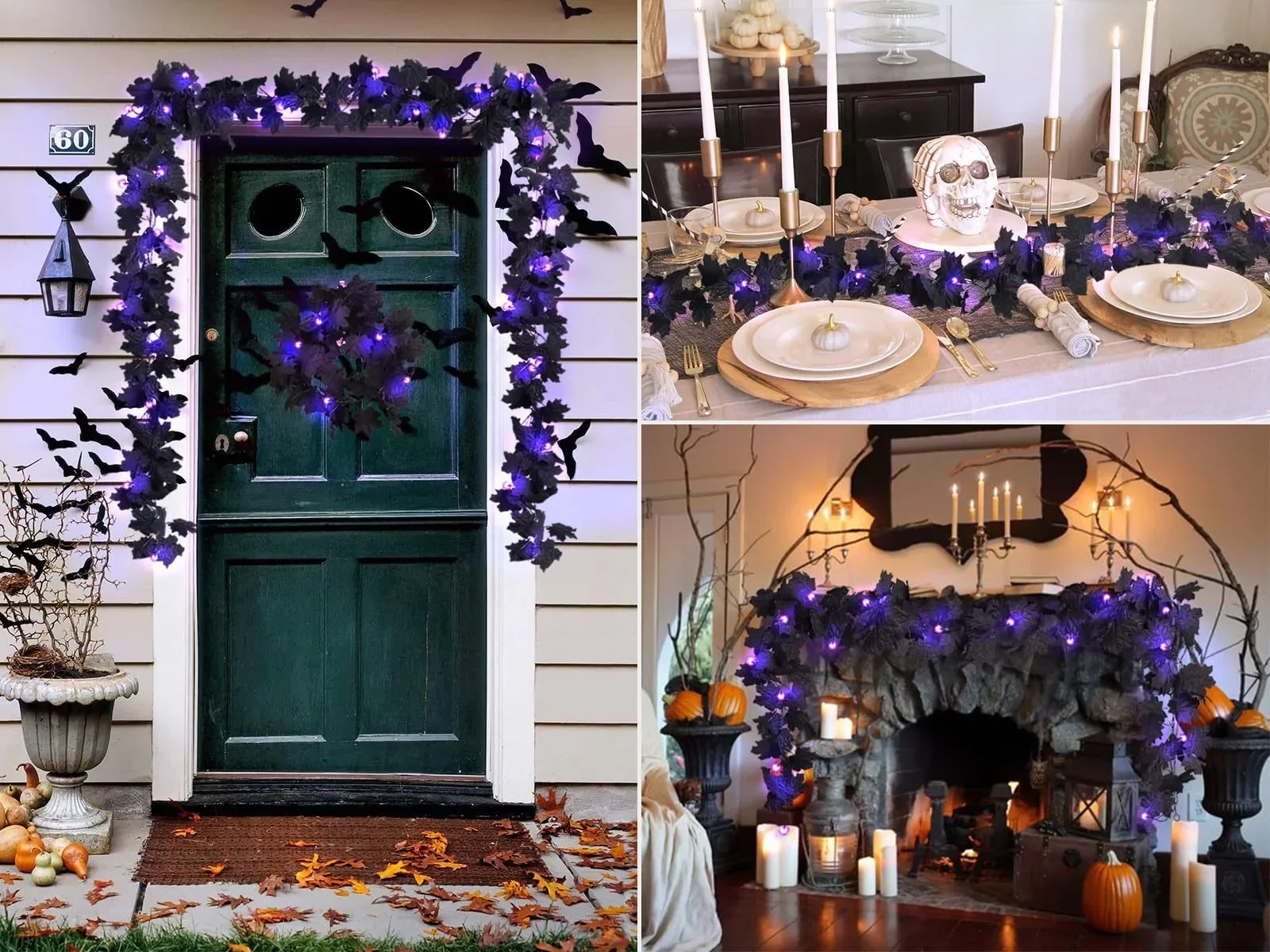 For Halloween decorations, maple leaves, rattan strips, illuminated doors, outdoor staircase, party scene