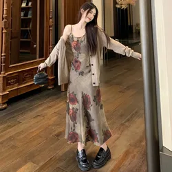 Summer Dress Women Floral Sleeveless Graceful Spaghetti Strap Ankle-length Loose Vintage Famous Lady High Street Versatile New