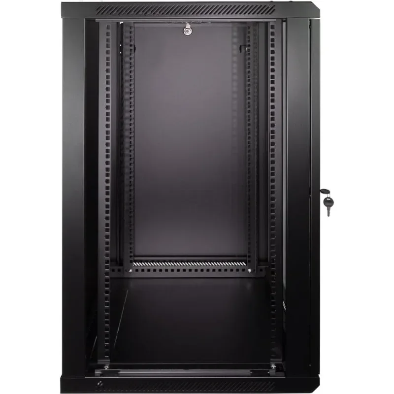 Gabinete de montagem em parede 18U Deluxe IT Rack de rede de servidor de 19 polegadas com porta de vidro com travamento 24 polegadas de profundidade preto