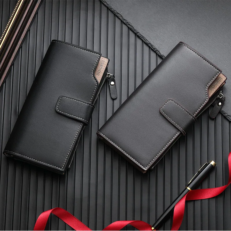 PU leather men's long wallet, multi-functional wallet, zipper buckle, three-fold business mobile phone bag