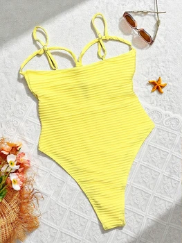 Yellow Tummy Control One-Piece Swimsuit 4 Sexy Yellow Swimwear Women 2026 Hollow Out Cross Slim Tummy Control One Piece Swimsuit Beach Backless Bathing Suit Monokini 4