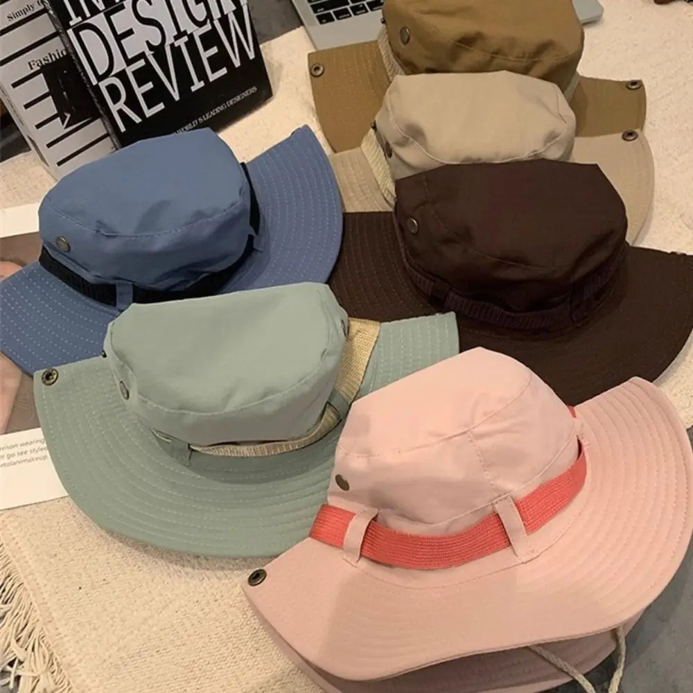 Polyester Solid Color Sun Hats Adjustable Wide Brim Large Eaves Sun Hat Foldable UV Protection Wide Brim Bucket Hat Summer