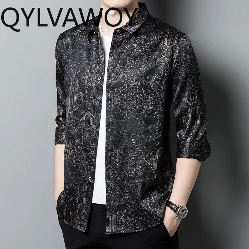 QYLVAWOY 100% Mulberry Silk Men's Shirts High-end Shirts for Men Long Sleeves Tops Printed Shirt Spring Autumn Menswear Clothing