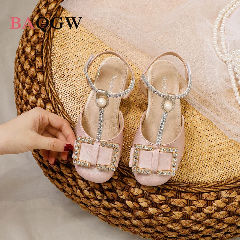 Children Rhinestone Pearl High Heels Girls Princess Patent Leather Student Performance Dance Shoes Kids Sandals Summer Size25-36