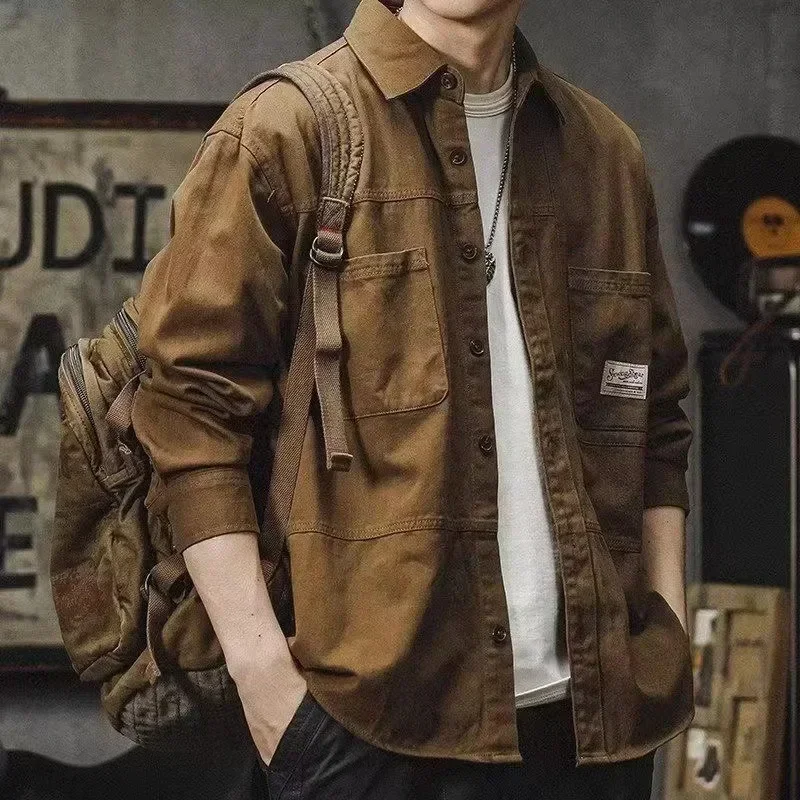 Pop Men's Long Sleeve Autumn Casual Trendy Branded Work Shirt Square Collar Hong Kong Style Washing Trendy Casual Jacket For Men