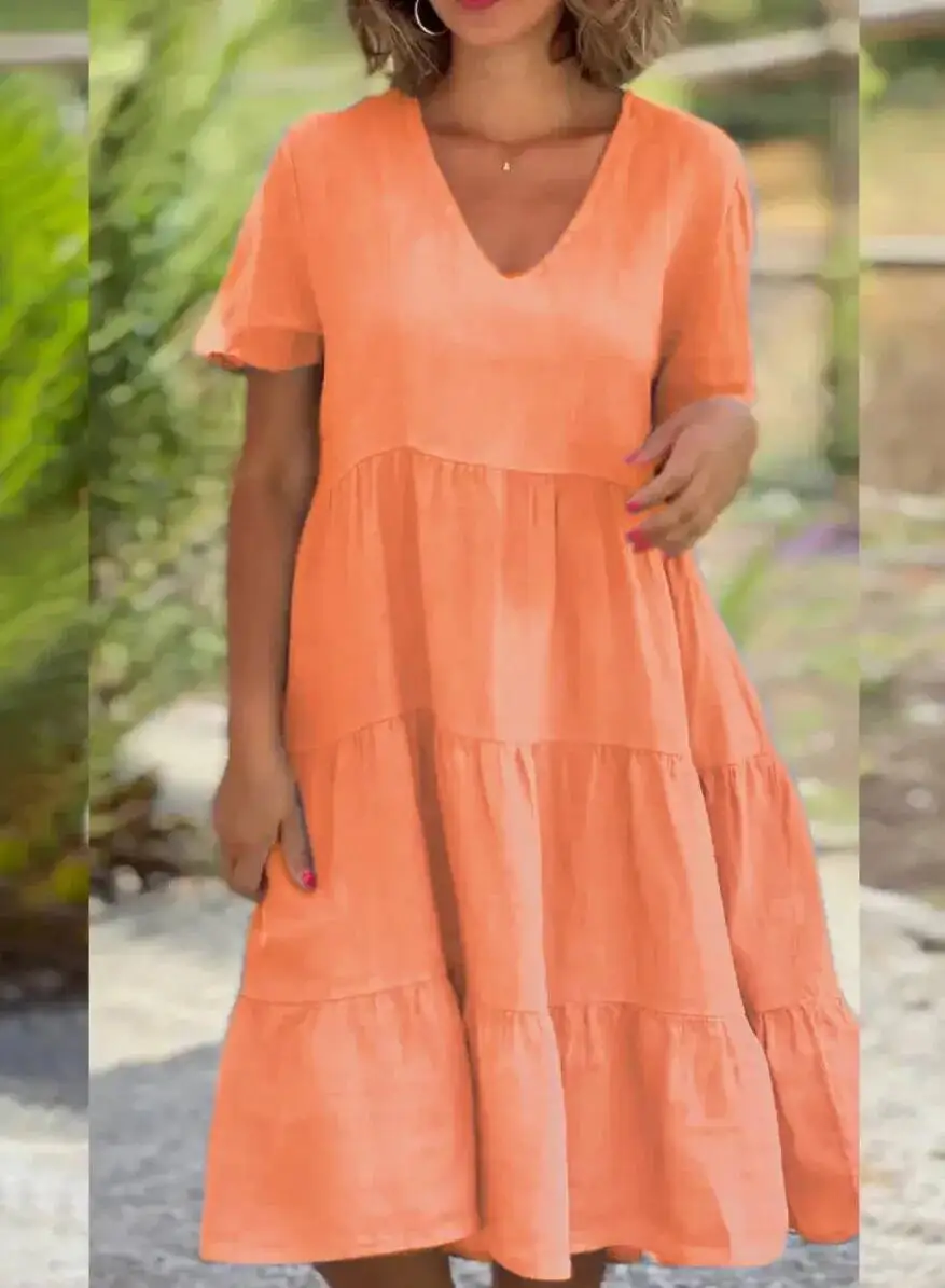 Robes décontractées en coton et lin pour femmes, collection Printemps/Été 2026, manches courtes, col en V uni, coupe ample et évasée, tailles S-3XL, ONO7