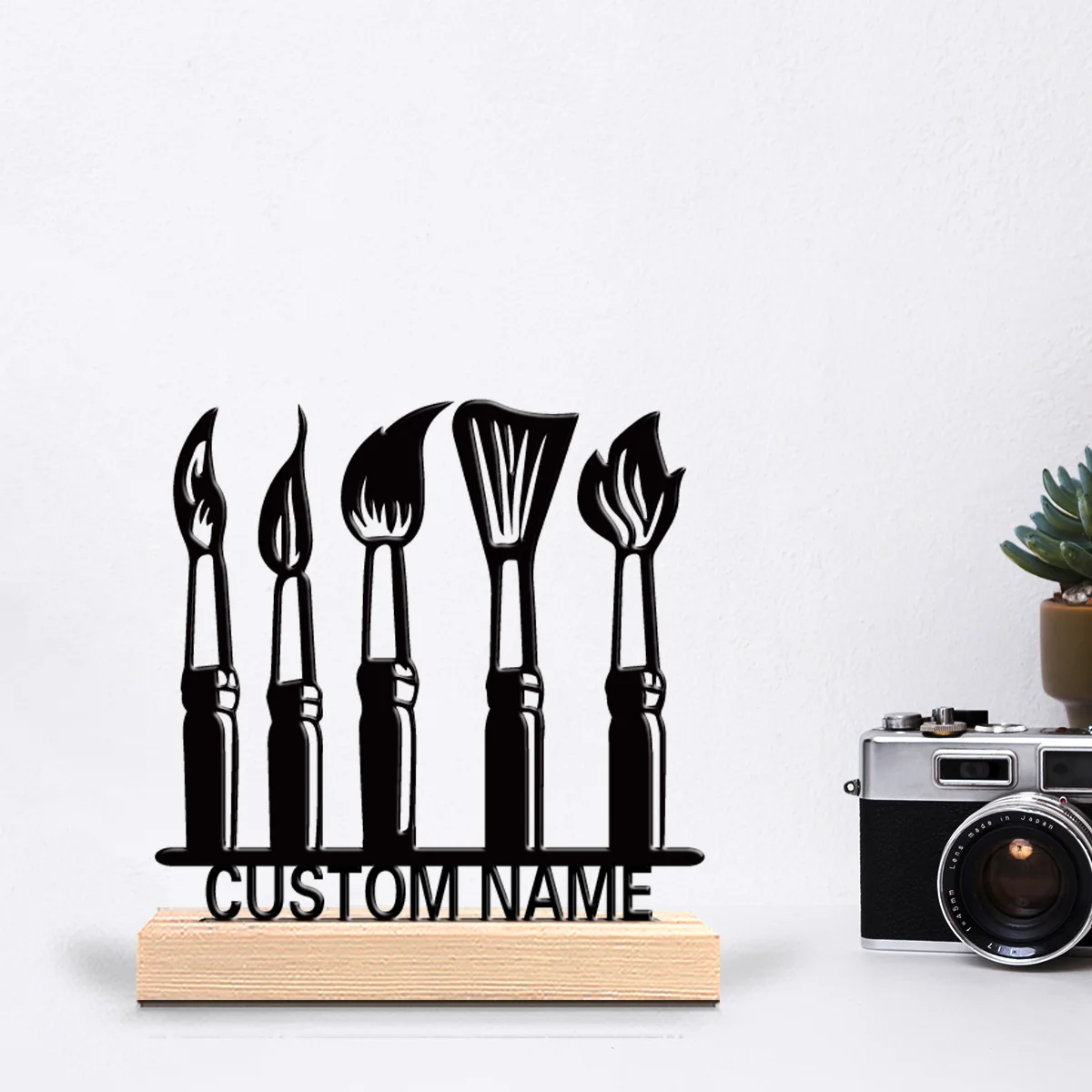 1pc table tool Customized Text Metal Statue Metal Ornament Art Crafts With Wood Base Iron Ornament For Bedroom Desk Decor