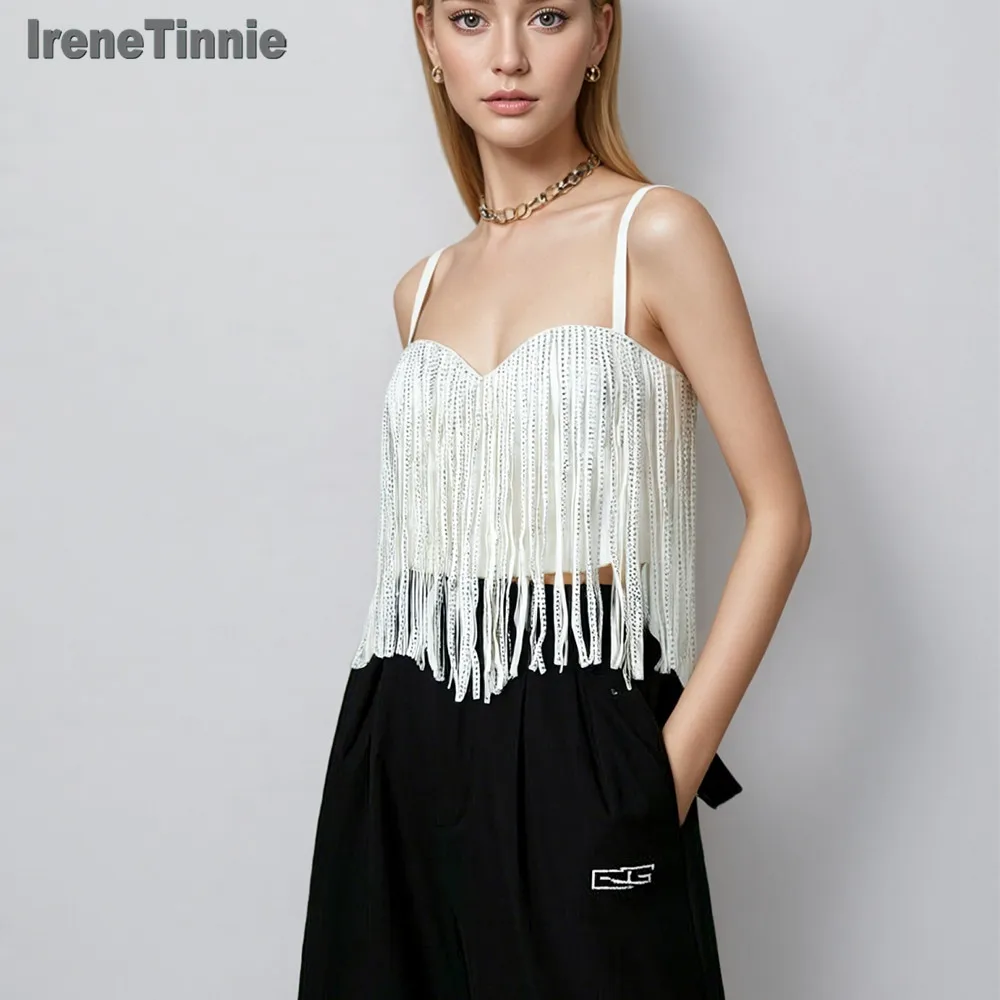 

Модные новинки IRENE TINNIE: укороченный топ-бюстье с бахромой, стразами и цепочками, облегающий, универсальный, для женщин