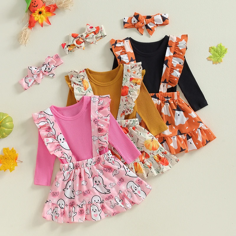 

Newborn Baby Girl 2 Pcs Halloween Outfit Solid Ribbed Long Sleeve Romper with Ghost/Pumpkin Print Suspender Skirt Headband Set