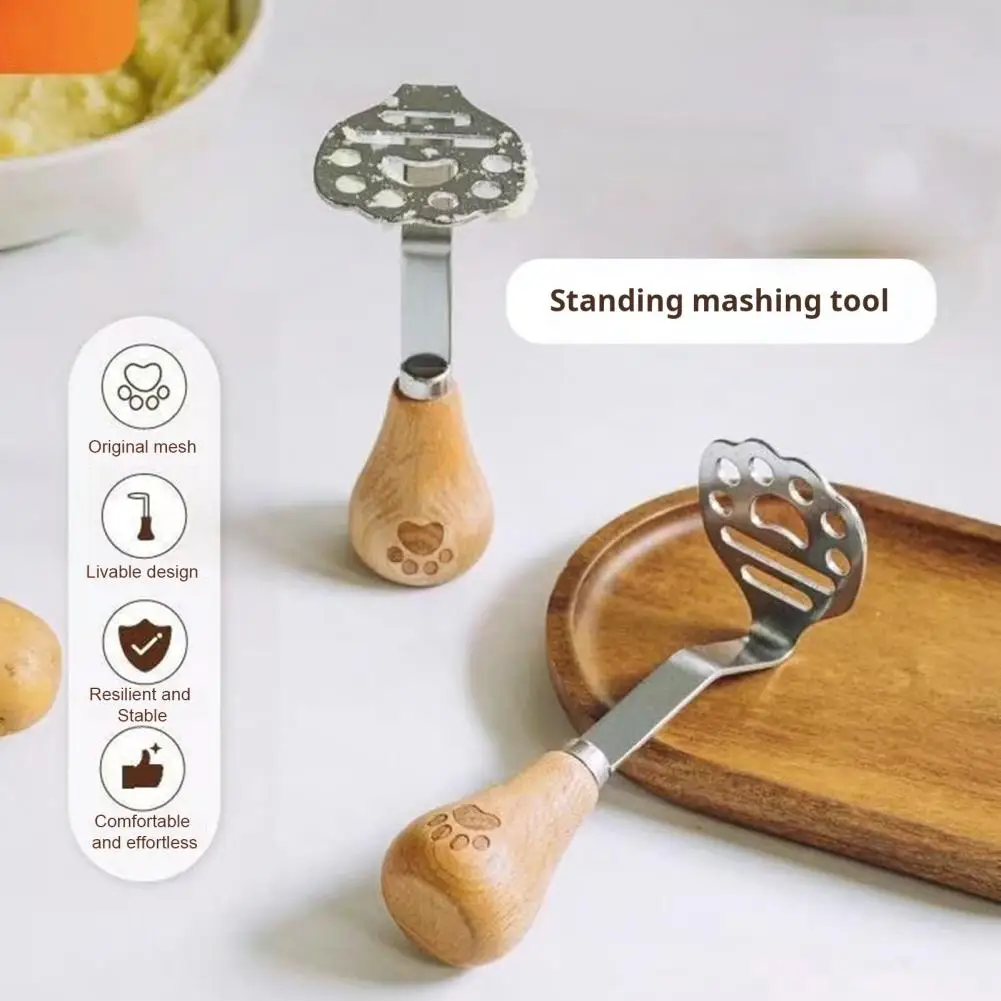 Potato Masher Stainless-Steel Bear Claw Pressed Masher with Wooden Handle Kitchen Tool for Vegetable Pumpkin Egg Bean Avocado