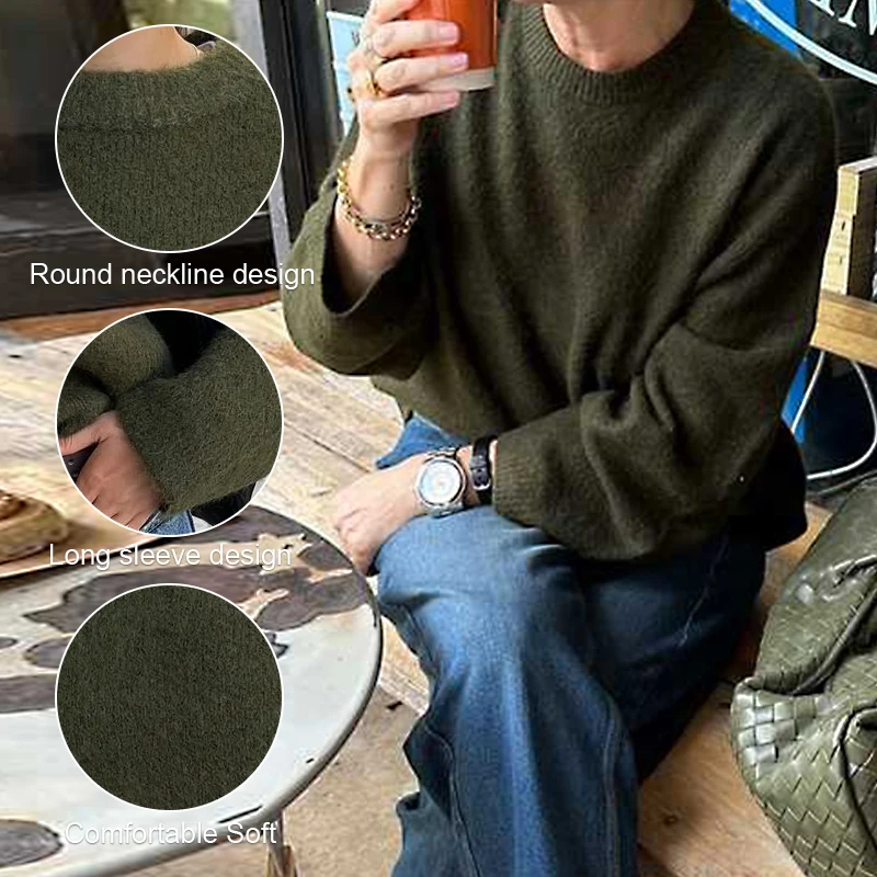 

Autumn Winter Women's Wool Sweater New Retro Forest Green Round Neck Long Sleeved Loose Casual Versatile Top ropa de mujer