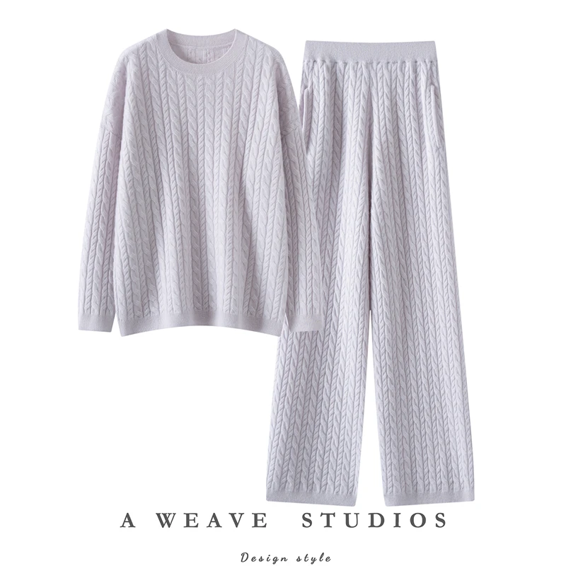 Twist Flower 100% Cashmere Sweater Women Straight-leg Pants Set Retro O-neck Pullover Loose Autumn Winter Threaded Trousers Knit